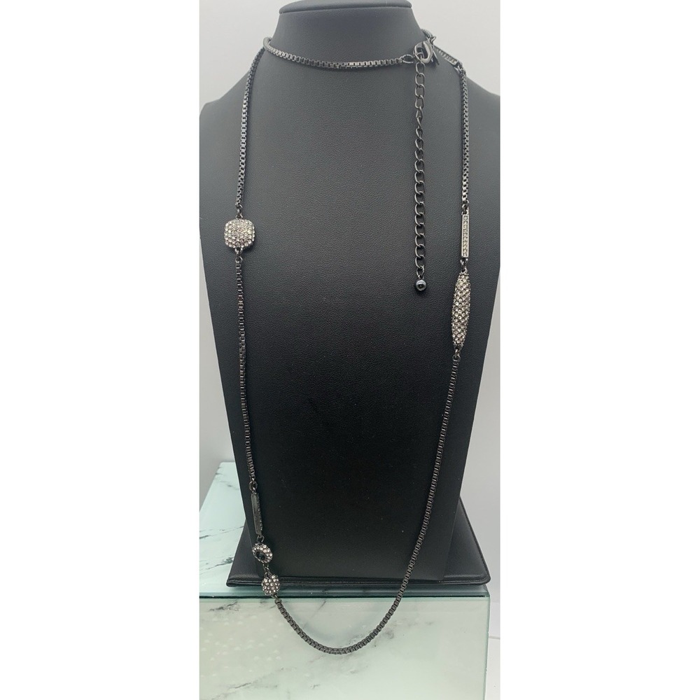 Chicos Dark Gunmetal Pave Station Single Strand Necklace 38"